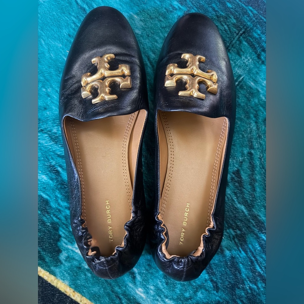 Tory Burch Black Flats with Gold Emblem